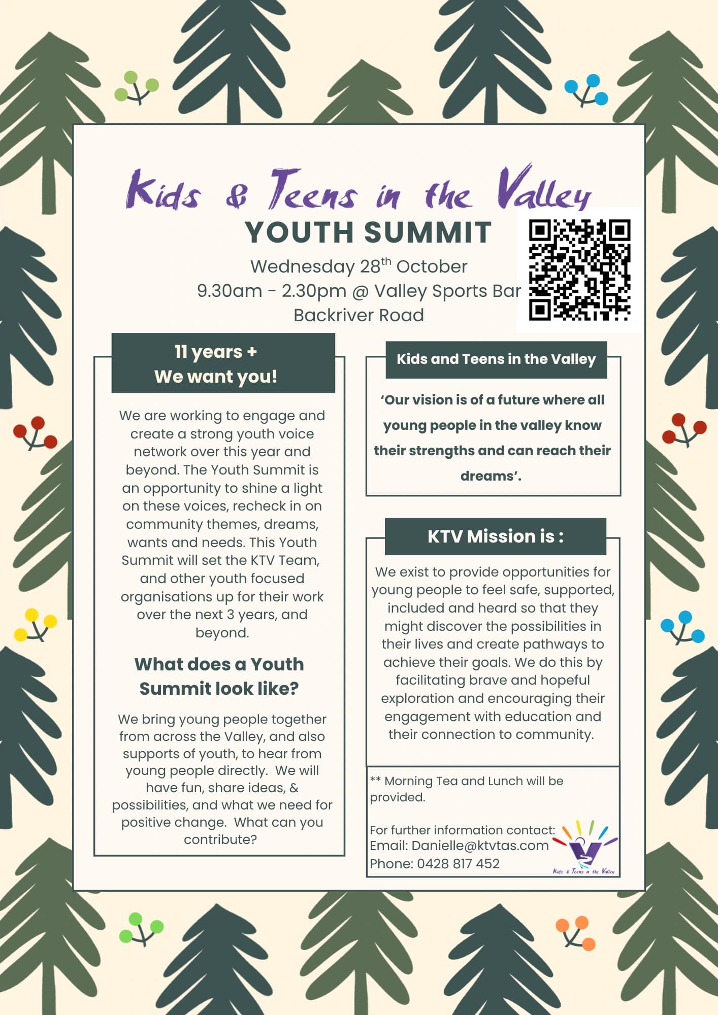 Youth Summit flyer for Wednesday 28 October, 9:30 am to 2:30 pm at Valley Sports Bar, Backriver Road.